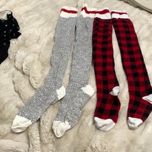 Pook Red Plaid and Sock Monkey Thigh High Socks Stockings Cabin Knee Length